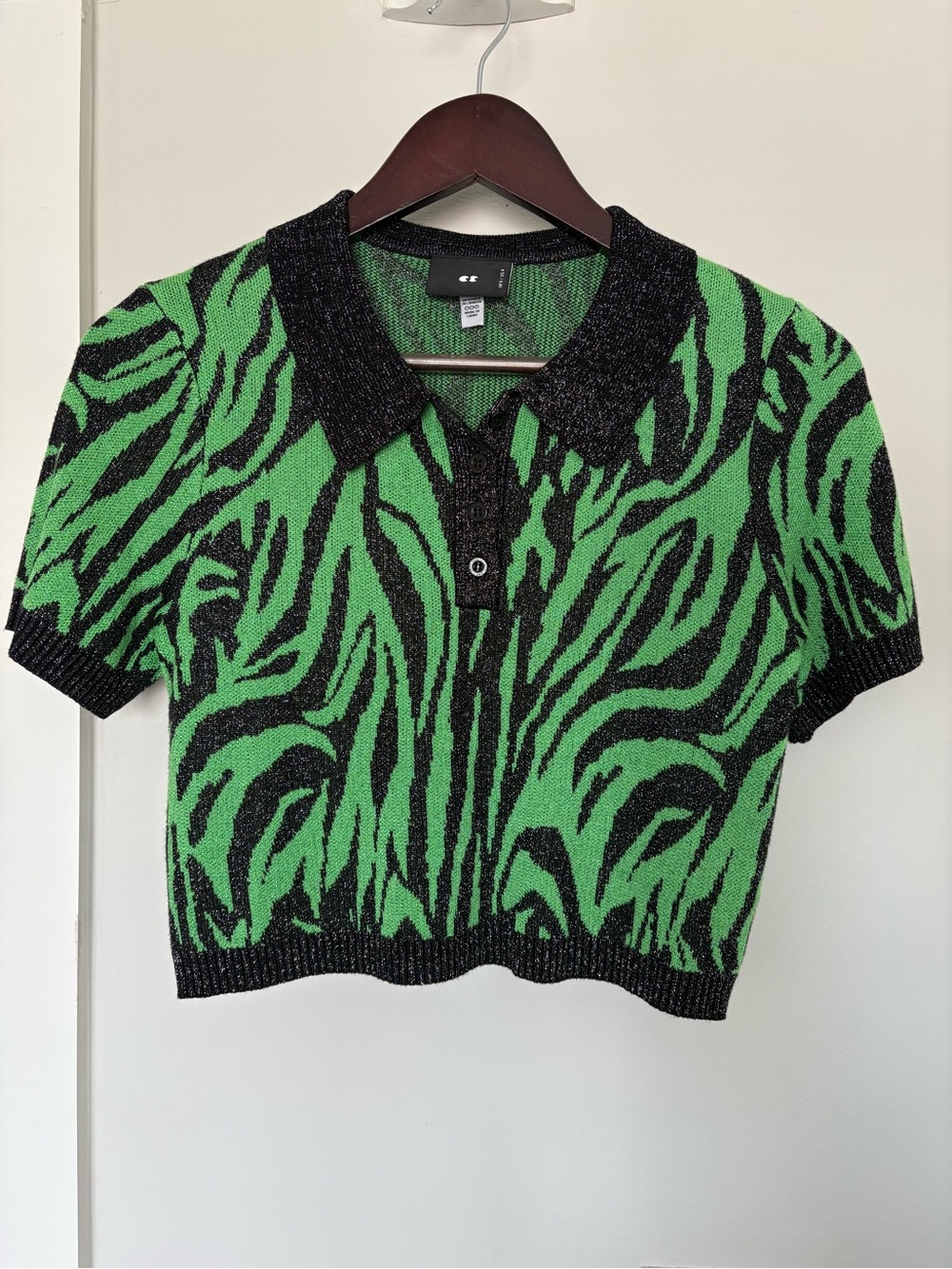 Lazy Oaf Green & Black Tiger Striped Knitted Polo Crop Top US-4 UK-8